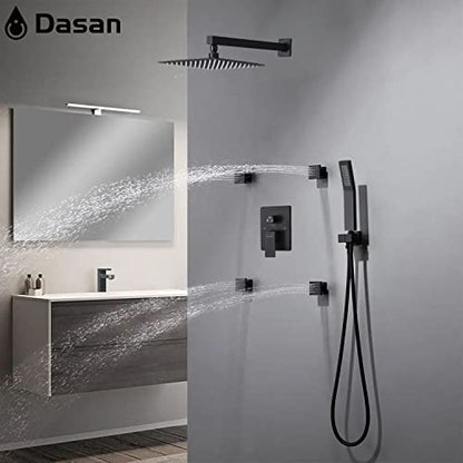 Full Body Rain Shower System with 4 Body Shower Jets & 12’’ Wall Mount Rainfall Shower Head & Handheld, DASAN Multi Shower Head System Matte Black Rain Shower Faucets sets Combo with Rough-in Valve - color: Matte Black
