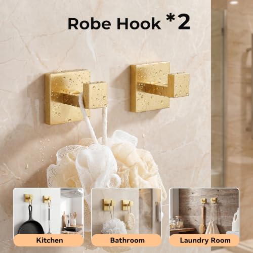 5-Piece Bathroom Hardware Set, 23.6 Inch Towel Bar Set SUS304 Stainless Steel Towel Racks for Bathroom Round Towel Bar, Towel Ring, Toilet Paper Holder, 2 Robe Hooks, Wall Mounted (Brushed Gold) - color: Brushed Gold, size: 5 pack