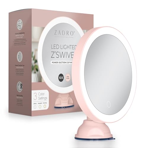 Zadro Zado 8.25-Inch x 6.9-Inch Round LED Lighted Wall Mounted Suction Cup Makeup Mirror with 10X Magnification and Touch Controls (Pink) - color: Pink