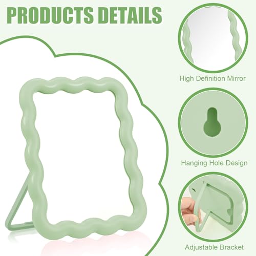 Desk Mirror, Wave-Shaped Adjustable Desk Vanity Makeup Mirror Office Cubicle with Eyebrows Tweezer, 6.7*5.3In Cute Travel Portable Folding Make Up Mirrors for Standing Hanging Home Decoration(Green)