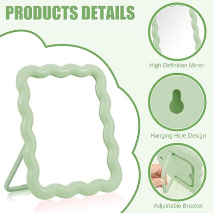 Desk Mirror, Wave-Shaped Adjustable Desk Vanity Makeup Mirror Office Cubicle with Eyebrows Tweezer, 6.7*5.3In Cute Travel Portable Folding Make Up Mirrors for Standing Hanging Home Decoration(Green)