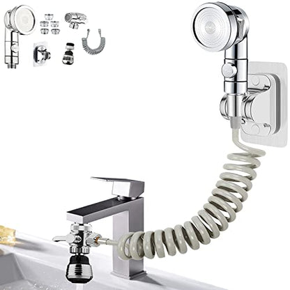 Sink Faucet Sprayer Attachment,Sink Shower Sprayer Attachment Set To Tub Faucet,ON/OFF Shower Head with (5 adapters),Sink Extension Hose Sprayer for Laundry Bathroom Kitchen - color: Silver with 79" Hose