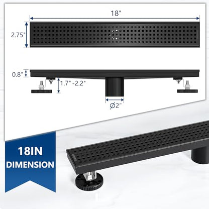 Neodrain 18" Linear Shower Drain, Matte Black 304 SS Bathroom Linear Drain | Black Shower Drain with Quadrato Grate& Adjustable Feet, Long Rectangle Shower Floor Drain in Bathroom, Balcony etc,cUPC - color: Matte Black, size: 18 In