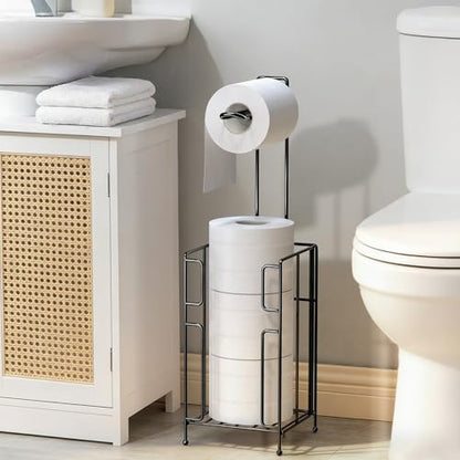Toilet Paper Holder Stand with Storage, Free Standing Paper Roll Dispenser for 4 Mega Rolls, Space-Saving Bathroom Organizer, Easy Assembly & Stable