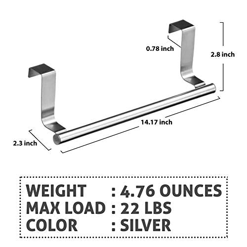 Over Cabinet Towel Bar with Hooks, 14 Inch | Brushed Stainless Steel Over The Door Towels Rack for Home Kitchen Inside Outside Cabinets Doors Hand Dish Towels Washcloths