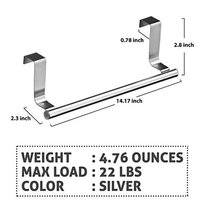 Over Cabinet Towel Bar with Hooks, 14 Inch | Brushed Stainless Steel Over The Door Towels Rack for Home Kitchen Inside Outside Cabinets Doors Hand Dish Towels Washcloths