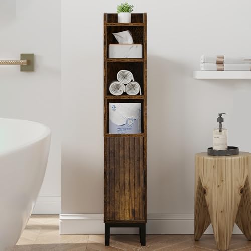 FerniTry Narrow Bathroom Storage Cabinet, Corner Toilet Paper Floor Cabinet 5 Tiers with Door and Shelves,Bathroom Organizer with Adjustable Shelf, for Small Spaces(Rustic Brown) - color: Rustic Brown, size: 5-Tier