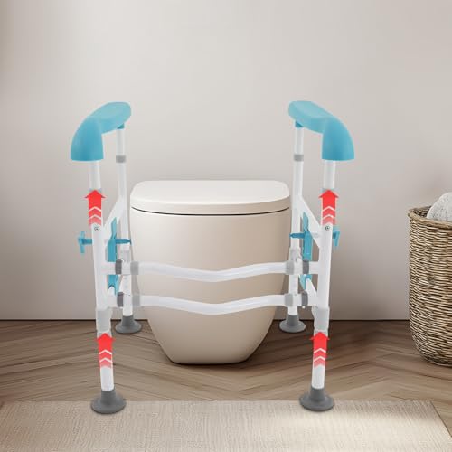 Toilet Safety Rails, Adjustable Height & Width Toilet Safety Frame, Foldable Handicap Toilet Handles for Seniors, Handicap, Disabled, 360° Rotatable Clamps, Fit Most Toilets (330 LBS Blue)