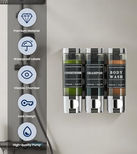 Shower Soap Dispenser Wall Mounted No Drill Shampoo Dispenser for Shower Wall Shampoo and Conditioner Dispenser Bathroom Hotel 3 * 300ml Chrome with Labels - color: Chrome