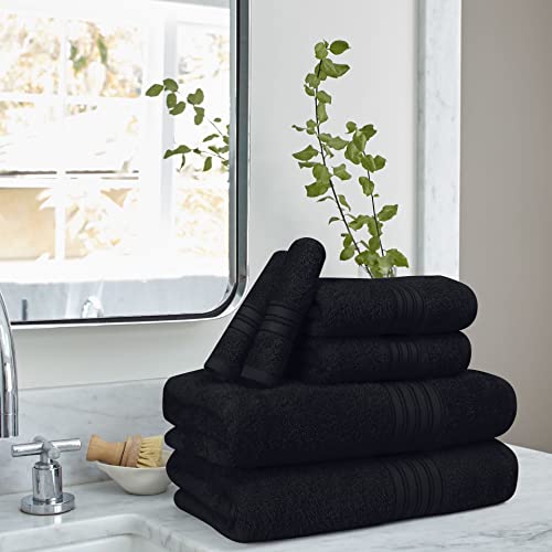 BOUTIQUO 6 Pack Cotton Towel Set, Contains 2 Bath Towels 28x55 inch, 2 Hand Towels 16x24 inch & 2 Wash Coths 12x12 inch, Ideal Everyday use, Ultra Soft Compact & Lightweight - Black - color: Black, size: 6 Pack Set