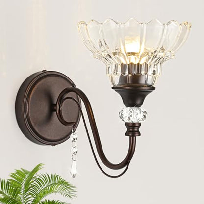 1 Piece Oil Rubbed Bronze Finish Wall Sconce, 1-Light Modern Wall Sconce with Hanging Crystal Accents and Flower-Shaped Clear Shades for Bathroom Bedroom Living Room,Modern Vanity Light - color: Oil-Rubbed Bronze, size: 1-Light