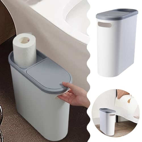 Slim Bathroom Trash Can with Press Top Lid, 2.1 Gallon Slim Garbage Can Bathroom with Press Top Lid, White Rectangular Trash Bin Waste Basket for Toilet, Bedroom, Camper (Gray)