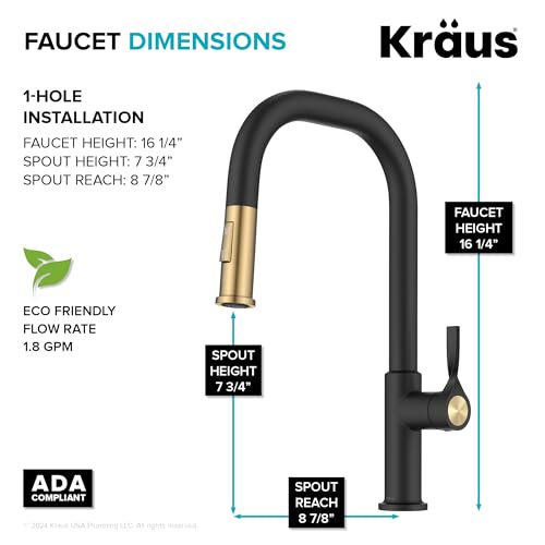 KRAUS Torak Pull Down Kitchen Faucet in Spot-Free Brushed Brass/Matte Black with 2 Function Sprayer, Pre-Attached Water Lines, and Mounting Hardware, KPF-2841SFBBMB - color: Spot Free Brushed Brass/Matte Black, style: Pull-Down Square Arc Faucet