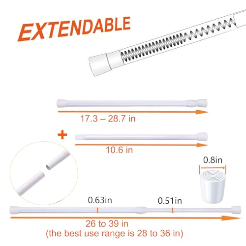 2 Pack Small Tension Rods 26 in to 39 Curtain Rods Window Rods in Extendable Width Spring Cupboard Bars for Kitchen Utensils, Closet, and Cabinet, Fit in The Spaces to Stay Up 26 to 39 in - color: White, size: 26" to 39"-2PCS