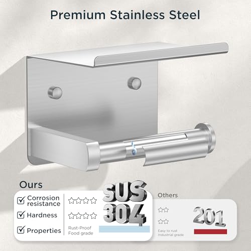 FORIOUS Toilet Paper Holder with Shelf, Adhesive or Screw, Commercial | Brushed Nickel | Wall Mount Bathroom Tissue Holder | SUS304 Stainless Steel Rustproof | Bathroom Tissue Roll Holder - color: Stainless Steel