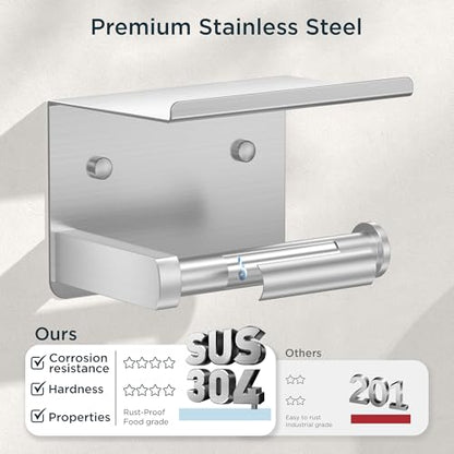 FORIOUS Toilet Paper Holder with Shelf, Adhesive or Screw, Commercial | Brushed Nickel | Wall Mount Bathroom Tissue Holder | SUS304 Stainless Steel Rustproof | Bathroom Tissue Roll Holder - color: Stainless Steel