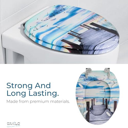 SANILO Wooden Toilet Seat with Soft Close [ELONGATED] - Decorative, Quiet & Slow Close Molded Wood Seat - With Strong Bumpers & Hinges - Adjustable Fit - Sunset - color: Sunset