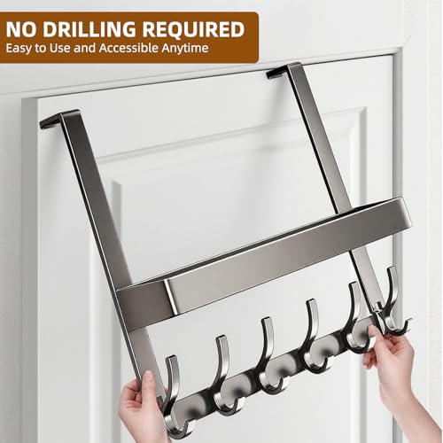 Inmorven Over The Door Hooks Organizer, Hanger Storage with 6 Hooks & 1 Mesh Baskets, Back of Door Storage for Towels, Coats, Clothes - Space Saving Hanging Rack for Bathroom,Living Room,Kitchen
