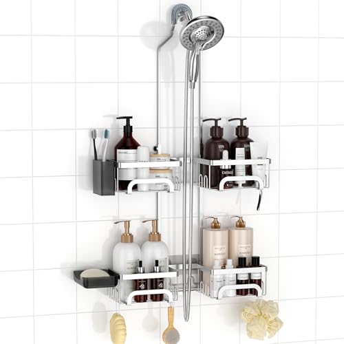 REINHARDT Split Shower Caddy Hanging for Handheld Showerheads, Silver | Adjustable Shower Organizer, Rustproof, 16 Hooks, Soap Holder, 40lbs Capacity, Anti-Slip, Tool-Free, Bathroom Accessories - color: Silver