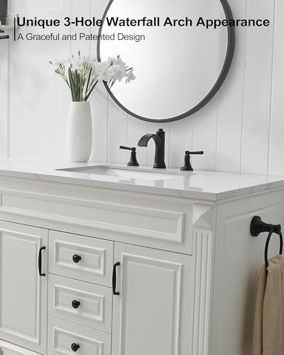 Matte Black Bathroom Faucet 3 Hole, Brass Bathroom Waterfall Faucet, 4-16 Inch Bathroom Sink Faucets, 2 Handle Widespread Faucet for Bathroom Sink with Water Supply Hoses, Pop-Up Drain - color: Matte Black