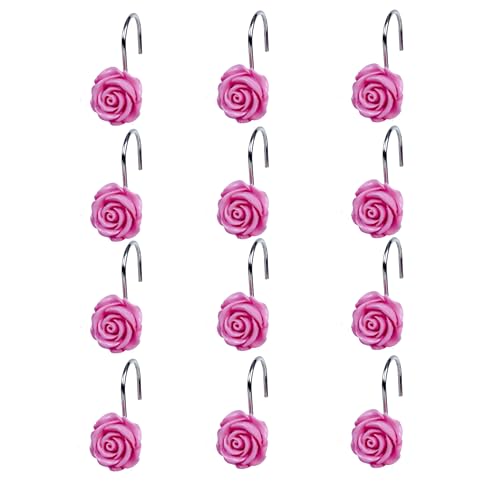 Twofish Home Pink Rose Flower Shower Curtain Hooks Anti Rust Shower Curtain Hooks Decorative Resin Pink Rose Flower Shower Curtain Rings Set of 12 - color: Pink Rose