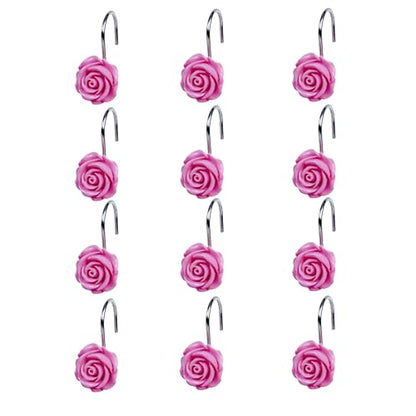 Twofish Home Pink Rose Flower Shower Curtain Hooks Anti Rust Shower Curtain Hooks Decorative Resin Pink Rose Flower Shower Curtain Rings Set of 12 - color: Pink Rose