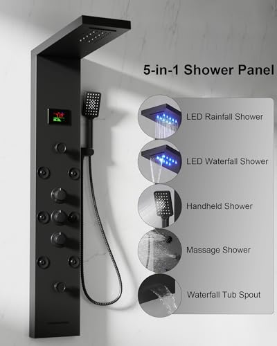 5 In 1 Shower Panel Tower System Stainless Steel Bathroom Panel Matte Black | LED Rain Waterfall Shower Head and Adjustable Massage Body Jets 3 Settings Handheld Head and Tub Spout by Homevacious - color: Matte Black