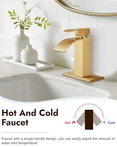 Midanya Waterfall Bathroom Faucet 1 Hole,Brushed Gold | with 24” Hoses,Pop Up Drain,6” Deck Plate,for 1 or 3 Hole Vanity,Lavatory,RV,Single Handle Bathroom Sink Faucet,NSF Certified - color: Light Gold