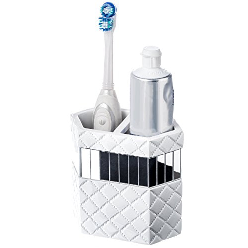 Creative Scents Quilted Mirror White Toothbrush Holder – Bathroom Toothbrush Organizer - Decorative Toothbrush and Toothpaste Holder for Bathroom Holds Multiple Toothbrushes and Paste - style: Toothbrush Holder