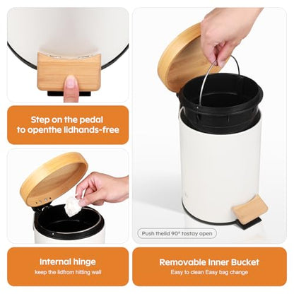 Small Bathroom Trash Can with Natural Bamboo Lid Soft Close，3 Liter / 0.8 GallonStainless Steel Garbage Can with Removable Inner Bucket andStep Pedal（White） - color: White