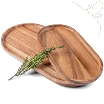 Acacia Wooden Serving Trays Set of 2 - Rectangular Oval Shaped Wood Plates for Charcuterie Cheese Bread Fruit Vegetable Dip Sushi - Rustic Serving Platter Shallow Dishes -14x7 & 11x5.5 In.