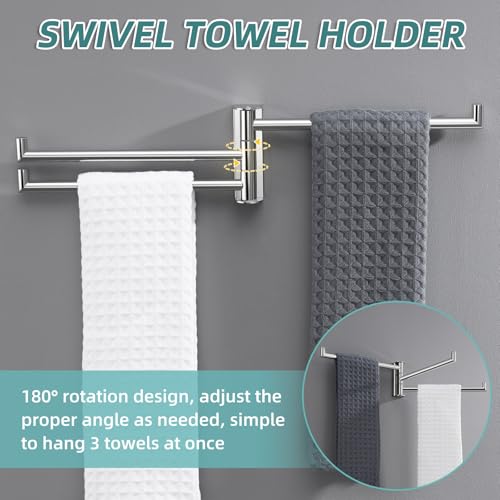 Swivel Towel Rack with 3-Arm, Polished Chrome, 304 Stainless Steel | Rustproof for Bathroom Kitchen RV, 180° Rotating Towel Bar, Fold-Flat Design, Hand Towels & Dish Rags, Drilling Mounted - color: Polished Chrome