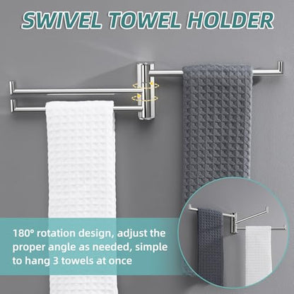 Swivel Towel Rack with 3-Arm, Polished Chrome, 304 Stainless Steel | Rustproof for Bathroom Kitchen RV, 180° Rotating Towel Bar, Fold-Flat Design, Hand Towels & Dish Rags, Drilling Mounted - color: Polished Chrome