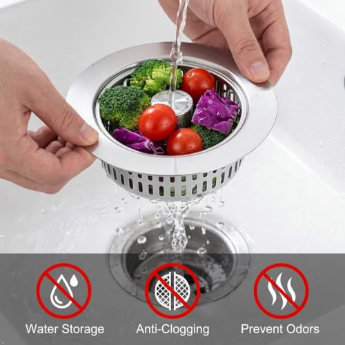 Kitchen Sink Drain Strainer and Stopper Combo, 304 Stainless Steel, 4.25 Inch, Detachable Basket, 2 Pack