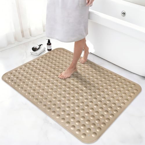 Shower Mat Non Slip, 36" x 24" Large Shower Floor Mat with Drain Holes and Suction Cups, Soft TPE Anti Slip Shower Stall Mats for Inside Shower, Machine Washable, Khaki - color: Khaki