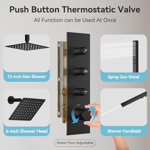 Thermostatic Shower System,Shower Faucet Set,12 Inch Ceiling Mounted and 6 Inch Wall Mount Rain Shower Head with 2 in 1 Handhled,Push Button Diverter Dual Shower Head Combo Set Matte Black - color: Matte Black, size: 12"-2