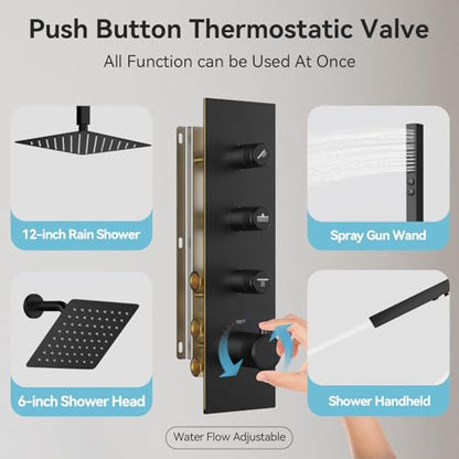 Thermostatic Shower System,Shower Faucet Set,12 Inch Ceiling Mounted and 6 Inch Wall Mount Rain Shower Head with 2 in 1 Handhled,Push Button Diverter Dual Shower Head Combo Set Matte Black - color: Matte Black, size: 12"-2