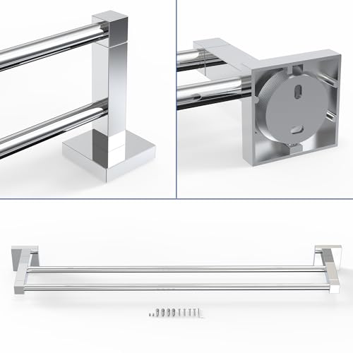 RUACQ Double Towel Bar 24" Towel Racks for Bathroom Wall Mounted Chrome | One-Piece Bath Towel Holder, Total Length 26 Inch Single Towel Rod, 304 Stainless Steel Rustproof, Square Base, Heavy Duty - color: Chrome, size: 24 inch(Center to Center) Double Ba