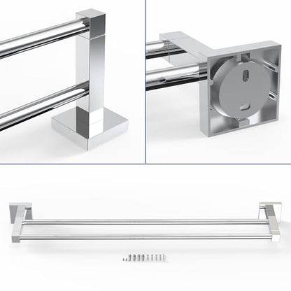 RUACQ Double Towel Bar 24" Towel Racks for Bathroom Wall Mounted Chrome | One-Piece Bath Towel Holder, Total Length 26 Inch Single Towel Rod, 304 Stainless Steel Rustproof, Square Base, Heavy Duty - color: Chrome, size: 24 inch(Center to Center) Double Ba