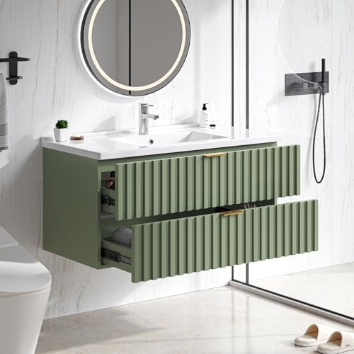ONBRILL 36 Inch Bathroom Vanity with Sink Combo, Floating Bathroom Vanity with 2 Fluted Drawers & Metal Handle, Modern Wall Mount Storage Cabinet with Ceramic Integrated Sink for Small Space (Green) - color: Green, size: 36"