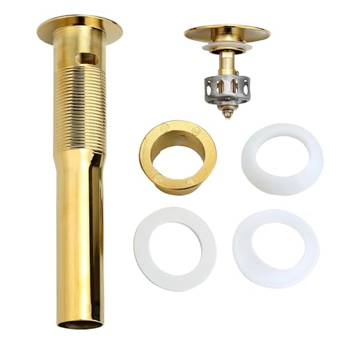 Rockgoya Bathroom Sink Drain, 5 Pack Gold Drain Stopper Bathroom Sink with Overflow, Pop Up Drain Assembly with Detachable Strainer Basket, Built-in Anti-Clogging Strainer,Stainless Steel - color: Gold-5 Pack, style: With Overflow