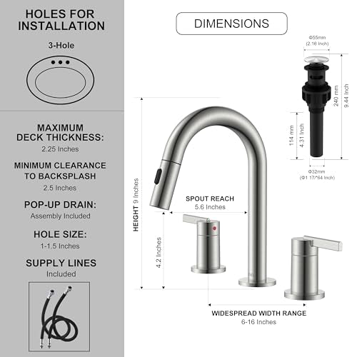 Brushed Nickel Pull Down Widespread Bathroom Faucet 2 Handle 3 Hole | Pull Out Bathroom Faucet with Pop Up Drain & Supply Lines, Lead-Free cUPC & NSF Certified, 8 Inch Faucet for Vanity RV Sink - color: Brushed Nickel