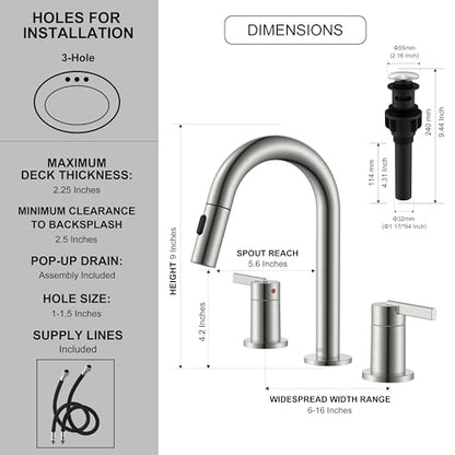 Brushed Nickel Pull Down Widespread Bathroom Faucet 2 Handle 3 Hole | Pull Out Bathroom Faucet with Pop Up Drain & Supply Lines, Lead-Free cUPC & NSF Certified, 8 Inch Faucet for Vanity RV Sink - color: Brushed Nickel