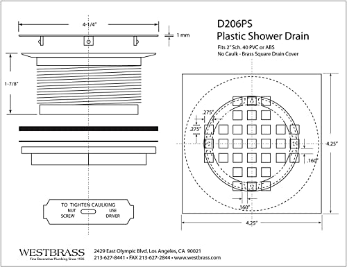 Westbrass D206PS-62 4-1/4" Square Grate Shower Drain Cover with 2" SCH 40 PVC Drain Pipe, Matte Black - color: Matte Black