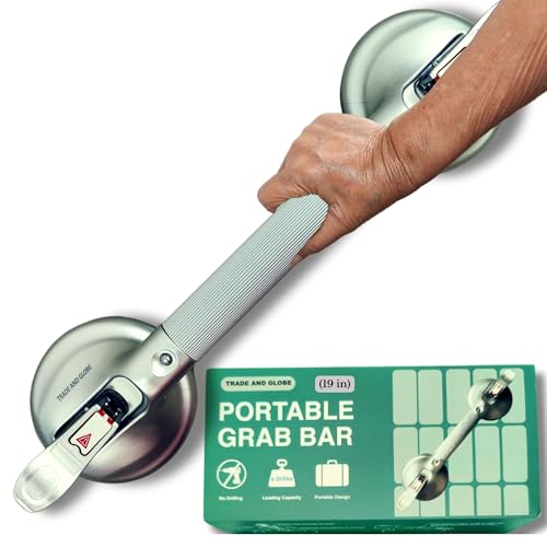 Heavy Duty Grab Bar with Large Suction Cups for Shower and Bathtub, Easy Tools-Free Installation & Removal, Safety with Compression Loss Warning, Useable on Diffrent Surfaces (Silver, 19 Inches) - color: Silver, size: 19 Inches