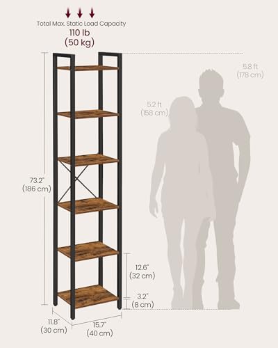 VASAGLE 6-Tier Bookshelf, Bookcase with Steel Frame | Book Shelf, 15.6 x 11.8 x 73.6 Inches, Living Room, Home Office, Rustic Brown and Matte Black, BARNET Collection ULLS101B01 - color: Rustic Brown + Ink Black, size: 6 Tiers (11.8"D x 15.7"W x 73.2"H)