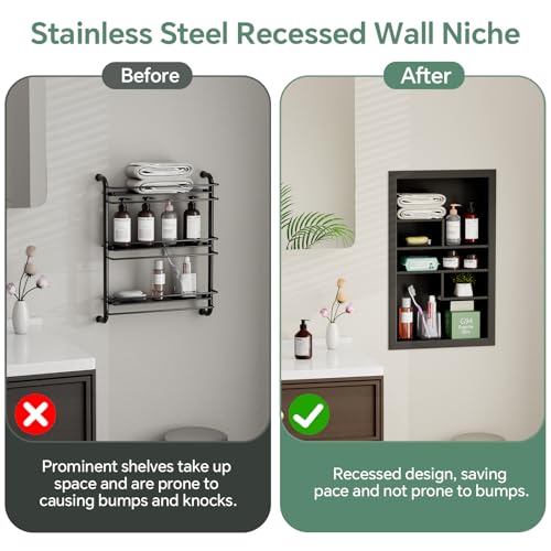 Stainless Steel Recessed Medicine Cabinet 14 * 24, Rust-proof Metal Wall Niche, In Wall Shower Niche Shelf Insert Replacement, Recessed Medicine Cabinets for Drywall, with 5 Compartments, Black - color: Black, size: 24''H * 14''W (5 Compartments)
