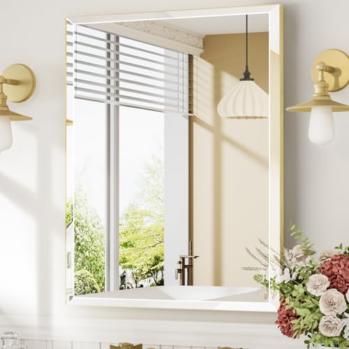 MZON 30x36 Bathroom Vanity Mirror for Wall with Beveled Edge, Ultra-Thin Metal Frame HD Mirror, Rectangular Wall Mounted Mirror for Bathroom Sink, Vertical or Horizontal, Gold - color: Gold, size: 30"L x 36"W