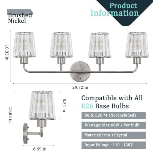 Brushed Nickel Vanity Lights 4-Light Crystal Bathroom Light Fixtures | Modern Bathroom Vanity Light E26 Wall Light over Mirror (Exclude Bulb) - color: Brushed Nickel, size: 4-Light