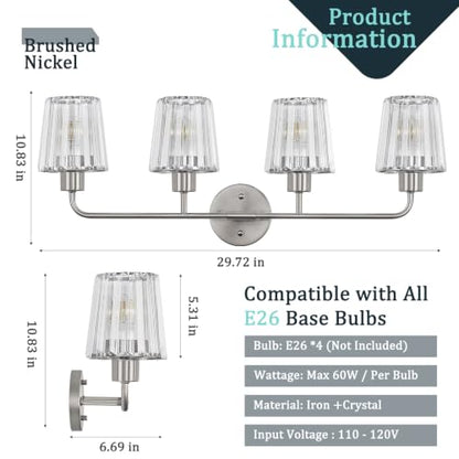 Brushed Nickel Vanity Lights 4-Light Crystal Bathroom Light Fixtures | Modern Bathroom Vanity Light E26 Wall Light over Mirror (Exclude Bulb) - color: Brushed Nickel, size: 4-Light